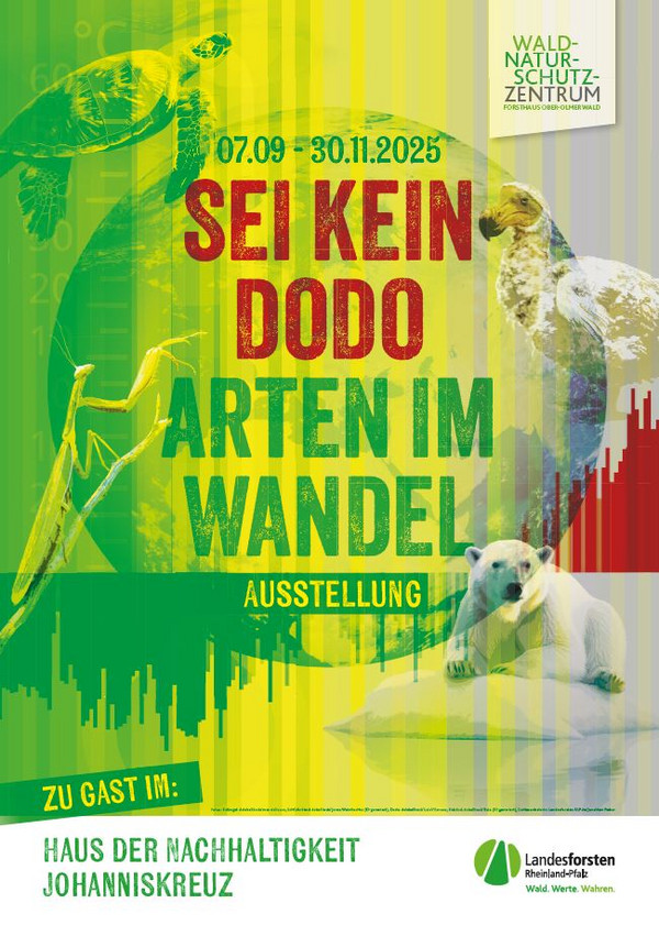 Das Plakat bildet einen Dodo, einen Eisbären, eine Gottesanbeterin und eine Schildkröte ab.