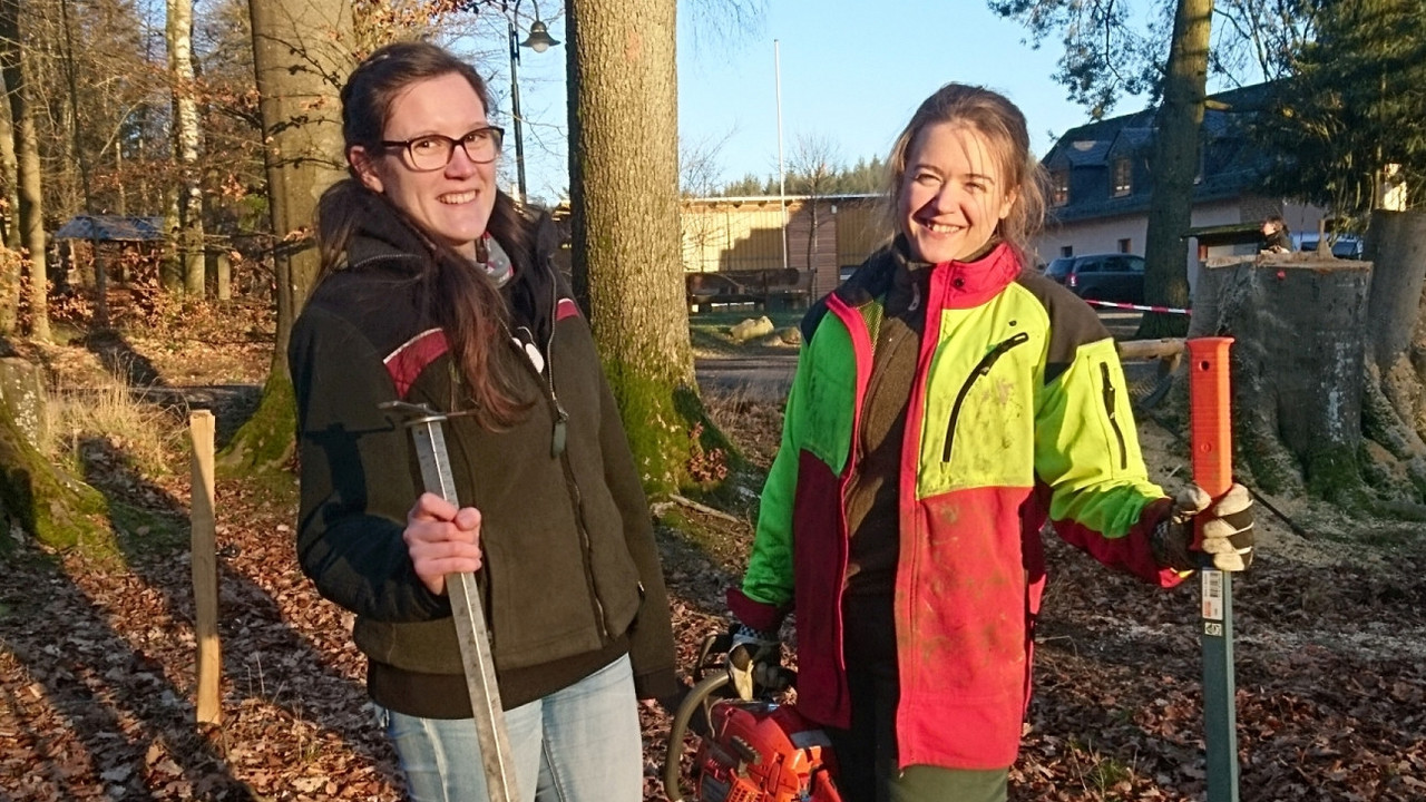 Das Bild zeigt zwei junge Frauen im Wald, die mit Arbeitskleidung Motorsäge und anderem Werkzeug ausgerüstet sind.