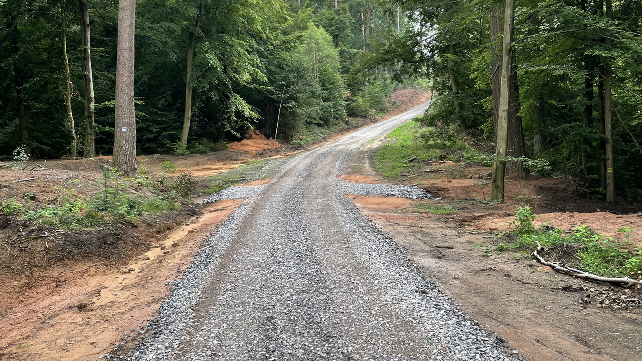 ein neuer Waldweg mit frischem Schotter längs fotografiert