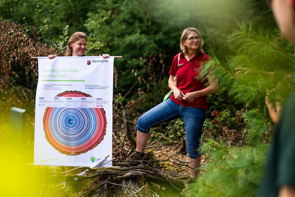 Zwei Frauen in roten Polohemden und ein Banner