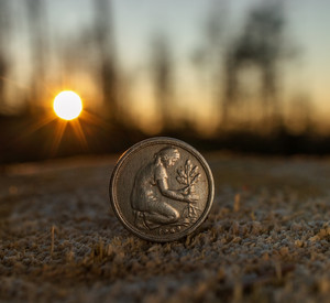 50-Pfenning-Münze mit Baumpflanzerin vor Sonnenuntergang