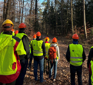 Forst im Dialog - Motormanuelle Holzernte Das Bild zeigt eine Gruppe Menschen mit Warnwesten und Helmen im Wald.