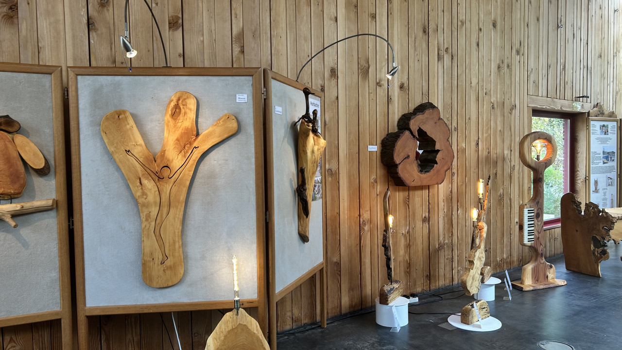Das Bild zeigt Holzskulpturen der neuen Ausstellung.