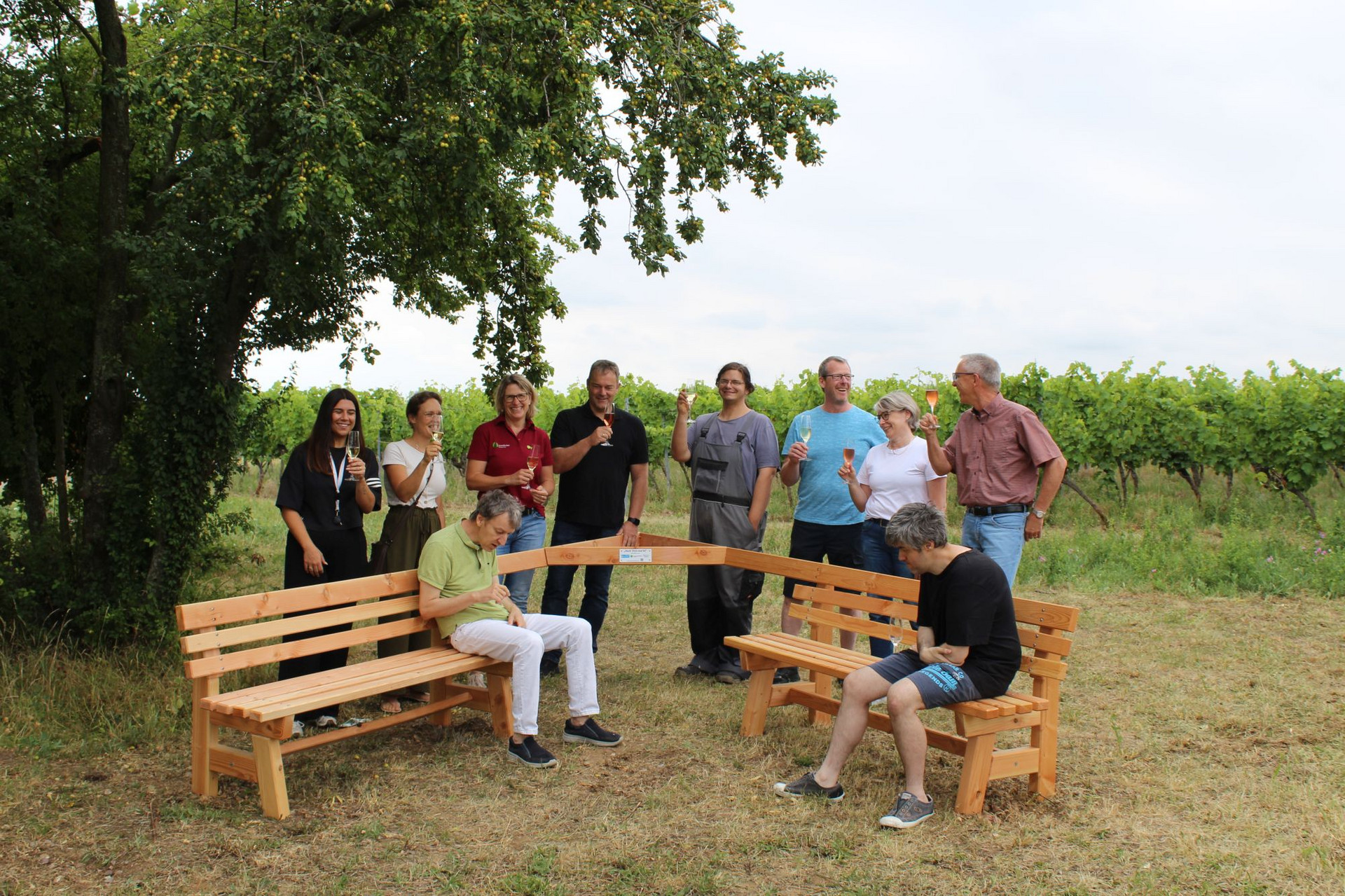 Begegnungsbank Maikammer Die Begegnungsbank Maikammer steht am Rande der Weinberge, drum herum stehen einige Leute mit Sektgläsern in der Hand.
